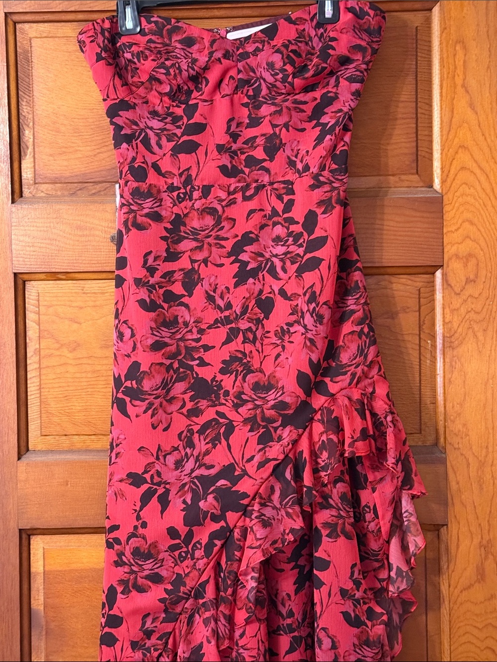 “As is” Amanda Uprichard Red and Black Strapless Floral Ruffle Dress